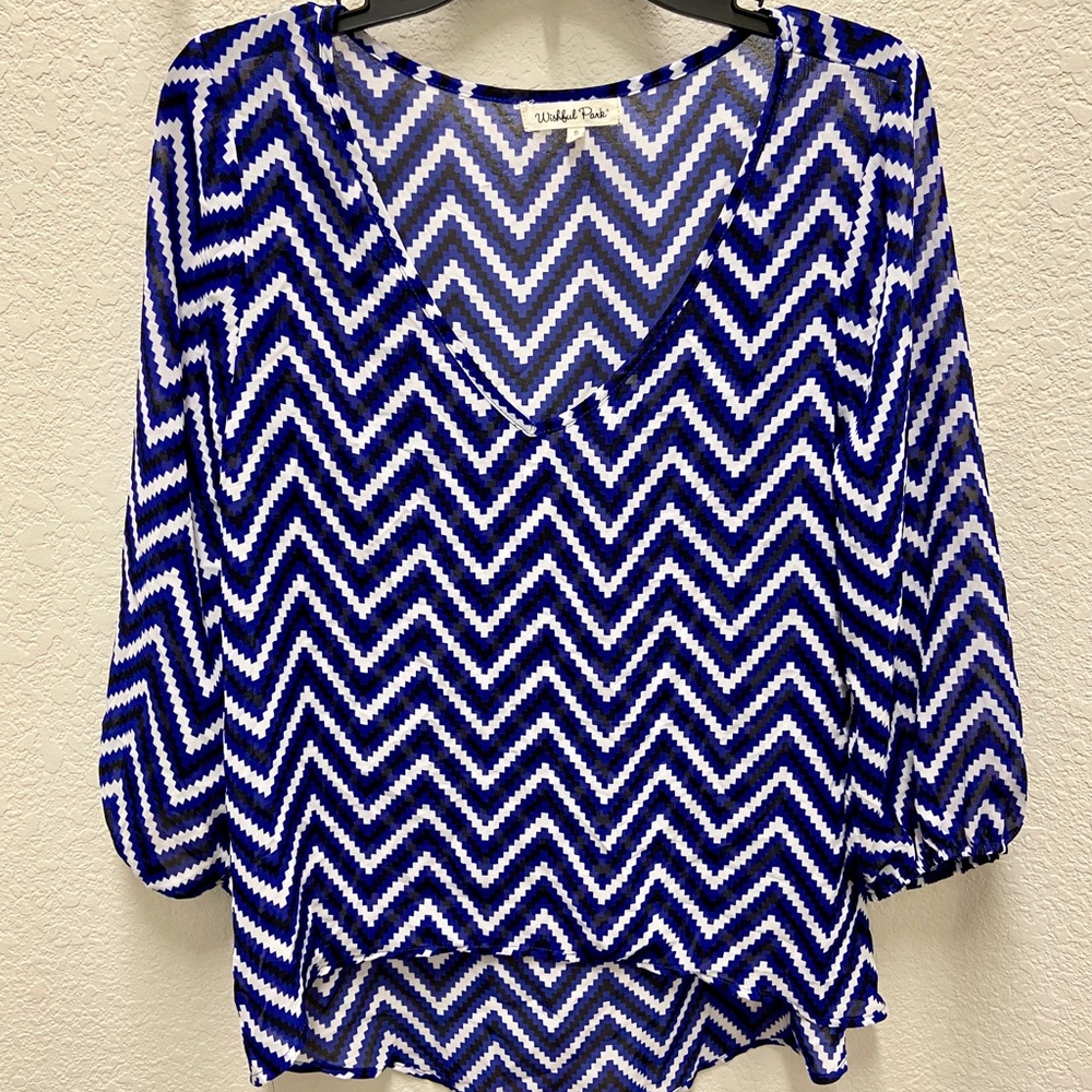 Blue & white sheer blouse by Wishful Park | Size S